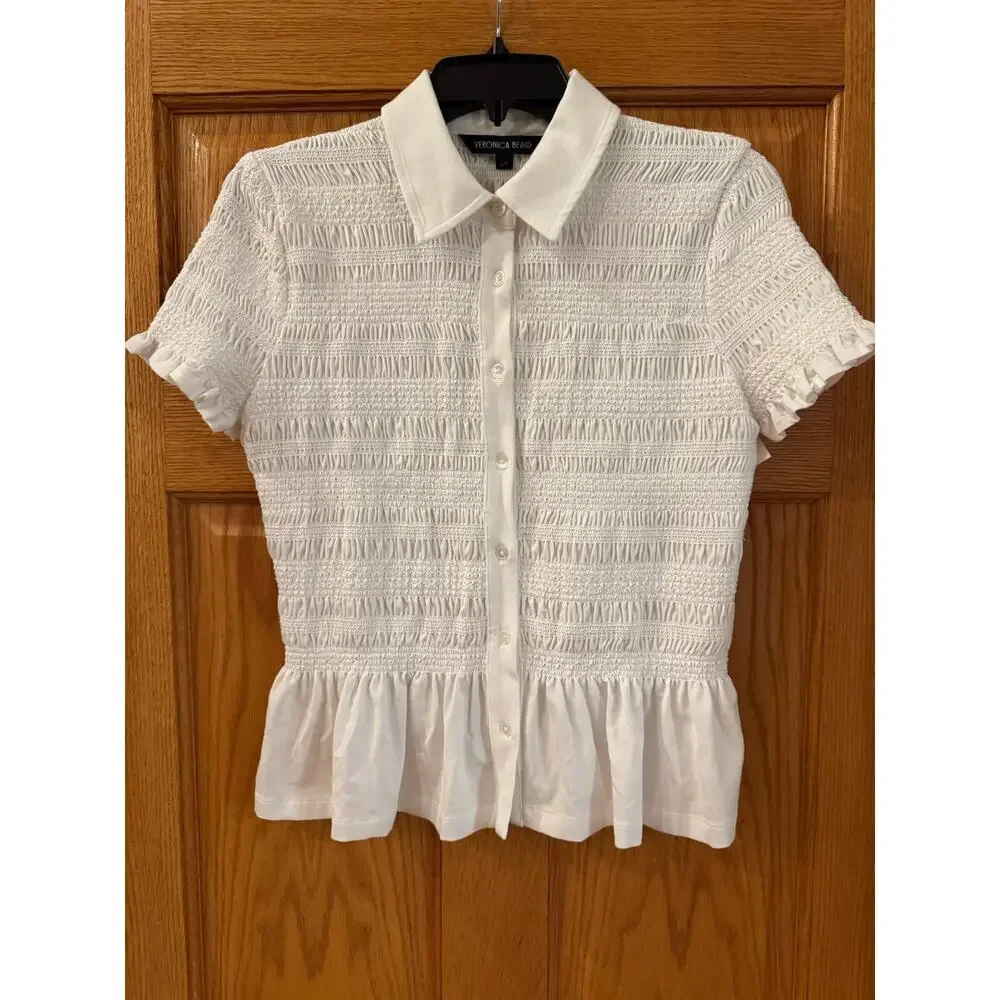 Chic Veronica Beard Ellisandra Smocked Jersey Button-Down Top - Picture 4 of 6